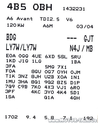 Serviceheft Aufkleber Motorcode